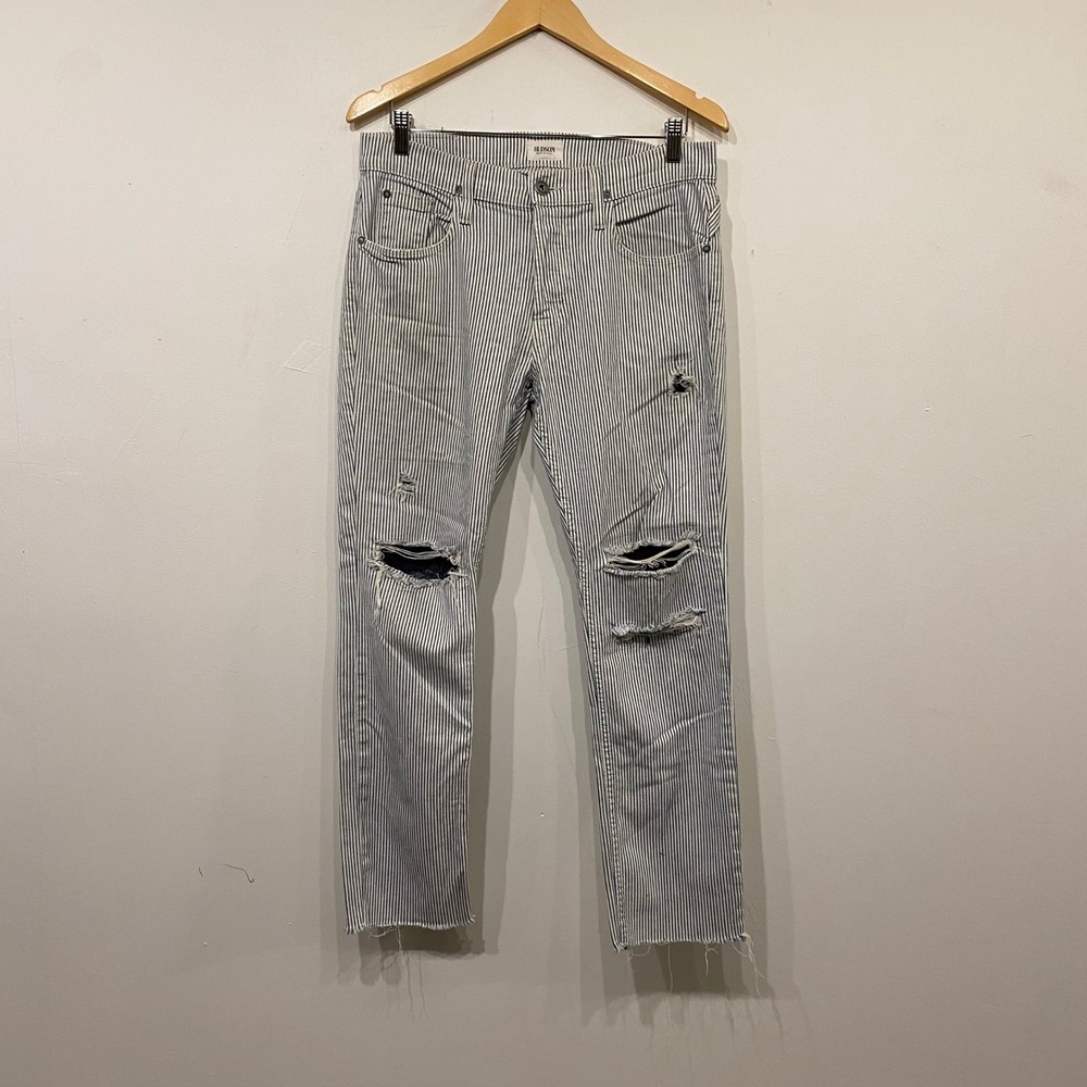 Hudson Sartor Slouchy Skinny Jeans 31 Railroad Stripe Distressed Raw Hem USA
